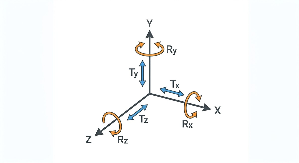 Sechs Freiheitsgrade: drei Translationen Tx, Ty, Tz und drei Rotationen Rx, Ry, Rz um die Achsen X, Y, Z