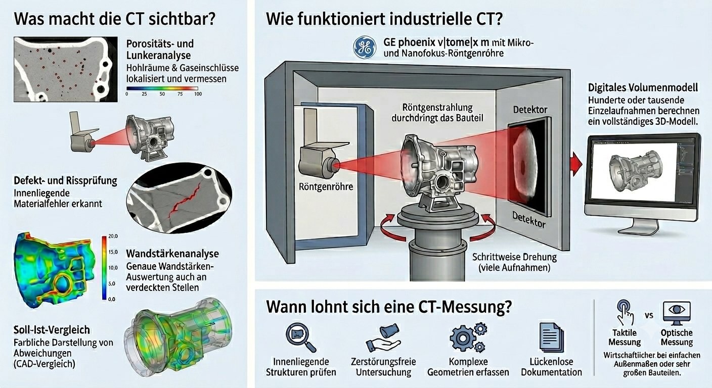 Infografik: Funktionsweise der industriellen Computertomographie – Röntgenröhre, Bauteil, Detektor und Auswertungen wie Porositätsanalyse, Defektprüfung, Wandstärkenanalyse und Soll-Ist-Vergleich