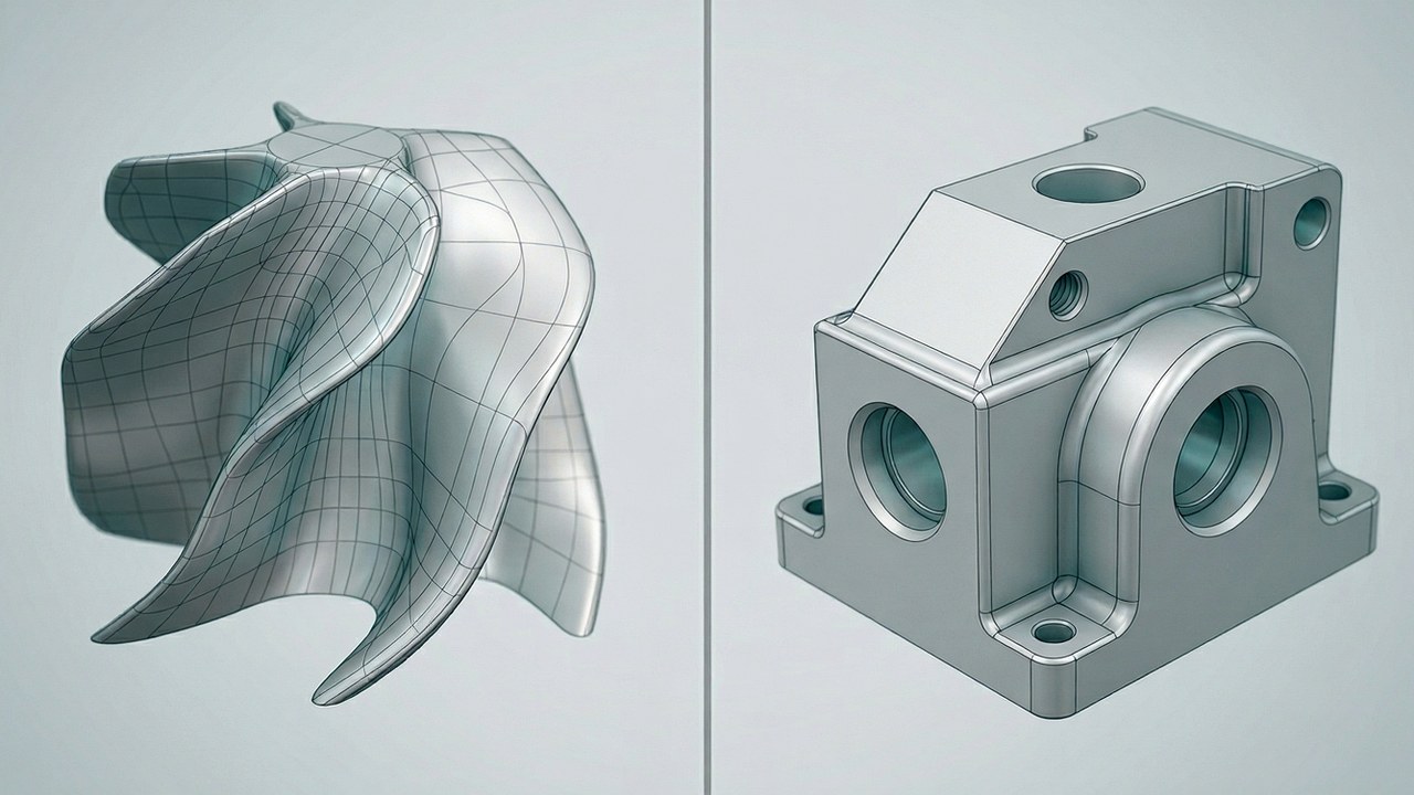 Vergleich: links organische Freiform-Flächenrückführung eines gescannten Bauteils, rechts sauberes parametrisches CAD-Modell